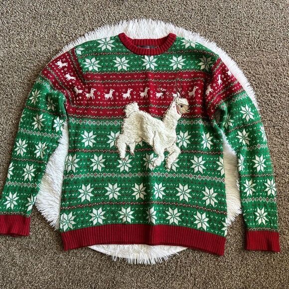 33Degrees Llama Christmas Sweater Womens Size Large Red Green Snowflakes Holiday - Picture 1 of 6